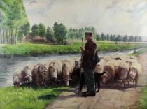tableau Le gardien et son troupeau  Backvis Frans animaux,scène rurale  huile toile 1ère moitié 20e siècle