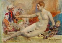 tableau La femme nue aux poupées Brasseur Georges nu,scène de genre,scène d'intérieur  huile marouflé 1ère moitié 20e siècle