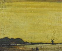 tableau Paysage au chien et moulin Smits Jakob animaux,paysage,moulin  huile panneau 1ère moitié 20e siècle