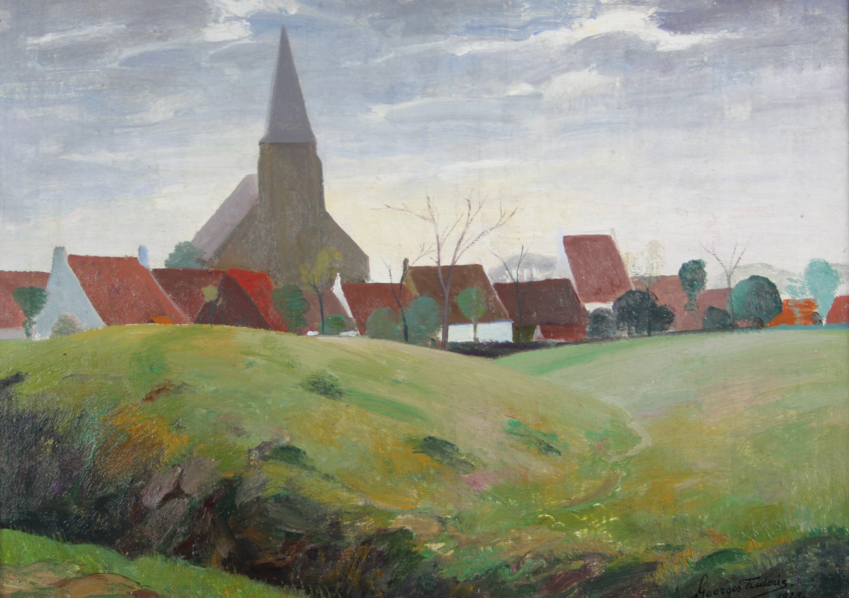 tableau L'église du village Frédéric Georges paysage,village,église  huile panneau 1ère moitié 20e siècle