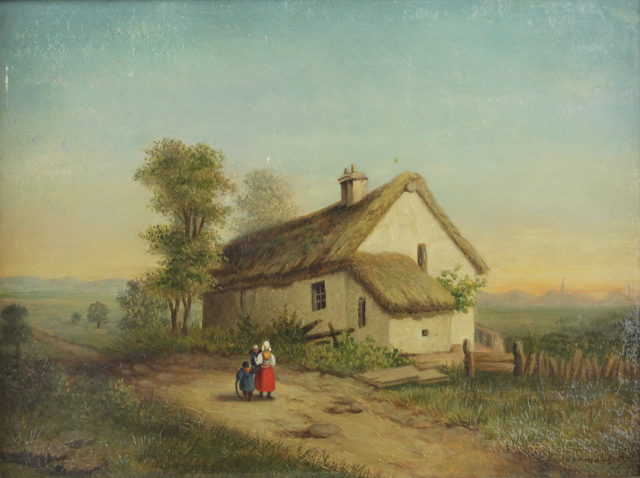 tableau La famille au cerceau  Kindermans Jean-Baptiste personnage,scène rurale,village  huile panneau 19e siècle