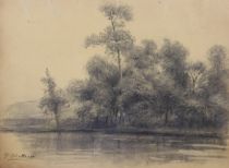 tableau L'étang Abattucci Pierre paysage  crayon papier 19e siècle