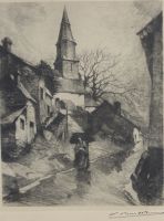 tableau Porteuse de fagot à Our Barthélemy Camille personnage,village,église  estampe papier 1ère moitié 20e siècle