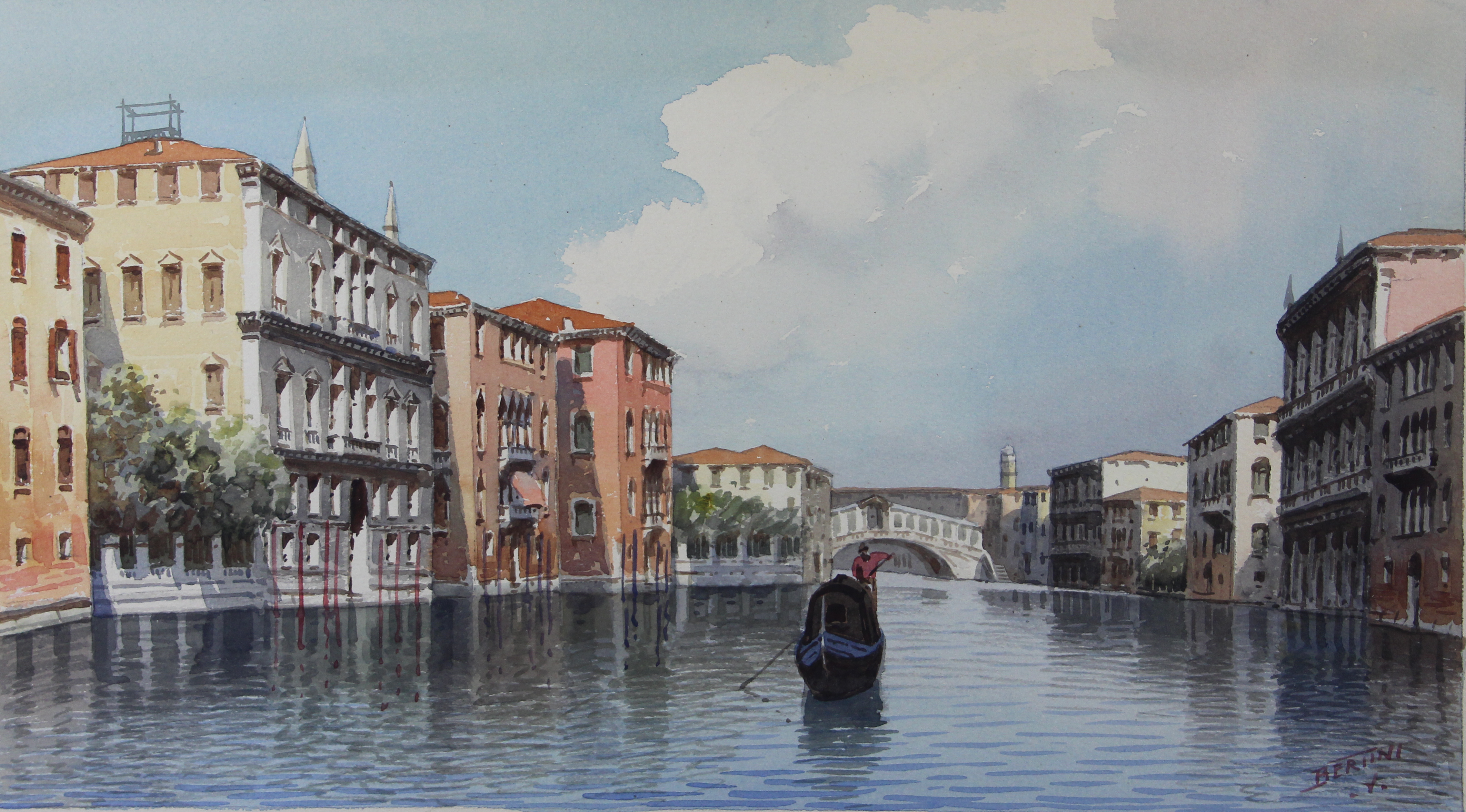 tableau Le grand canal Venise Bertini L marine,ville  aquarelle papier 19e siècle