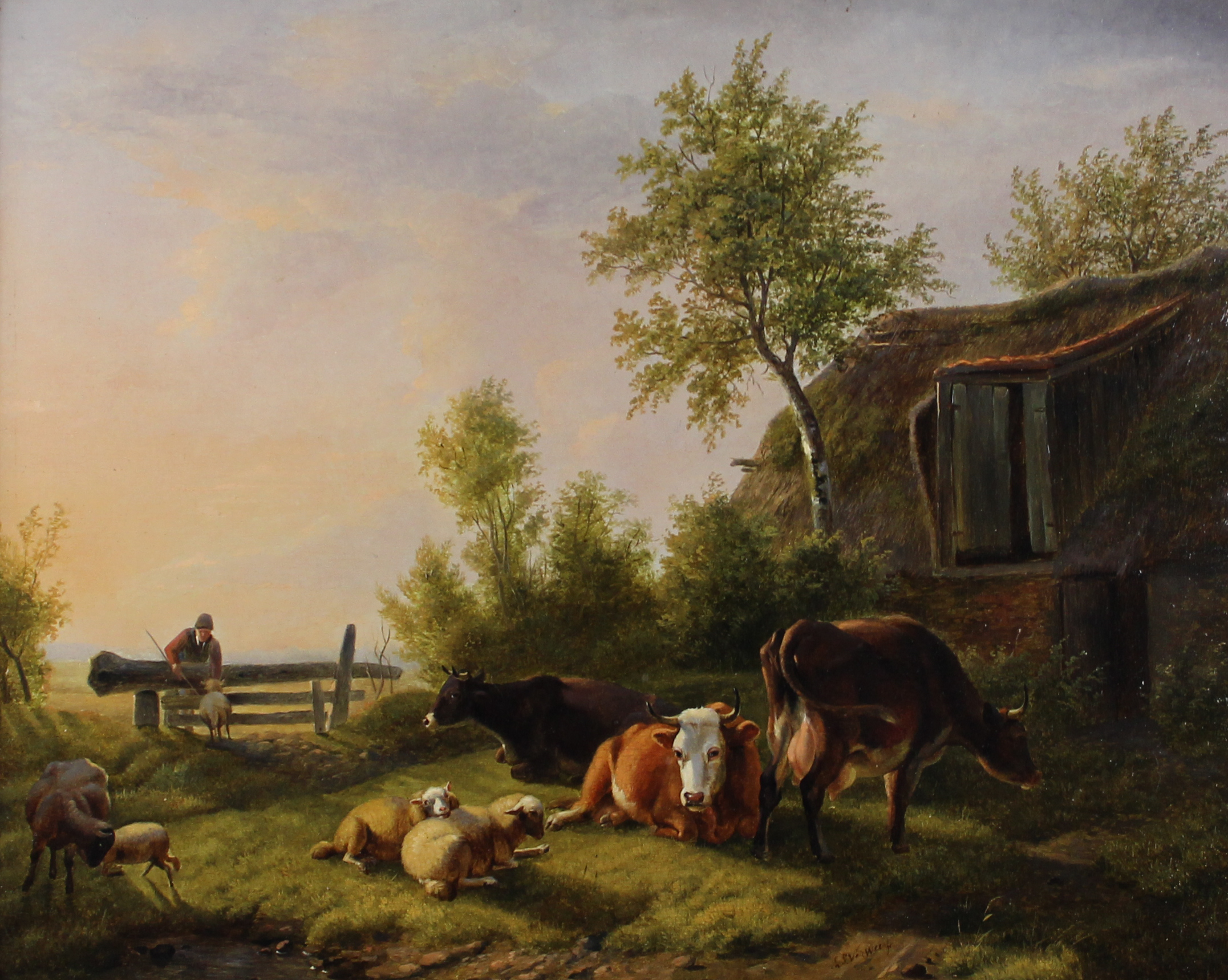 tableau La ferme aux animaux Verwee Louis Pierre scène rurale  huile panneau 19e siècle