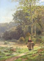 tableau La promenade Von Bernuth Ernst paysage,personnage  huile toile 19e siècle