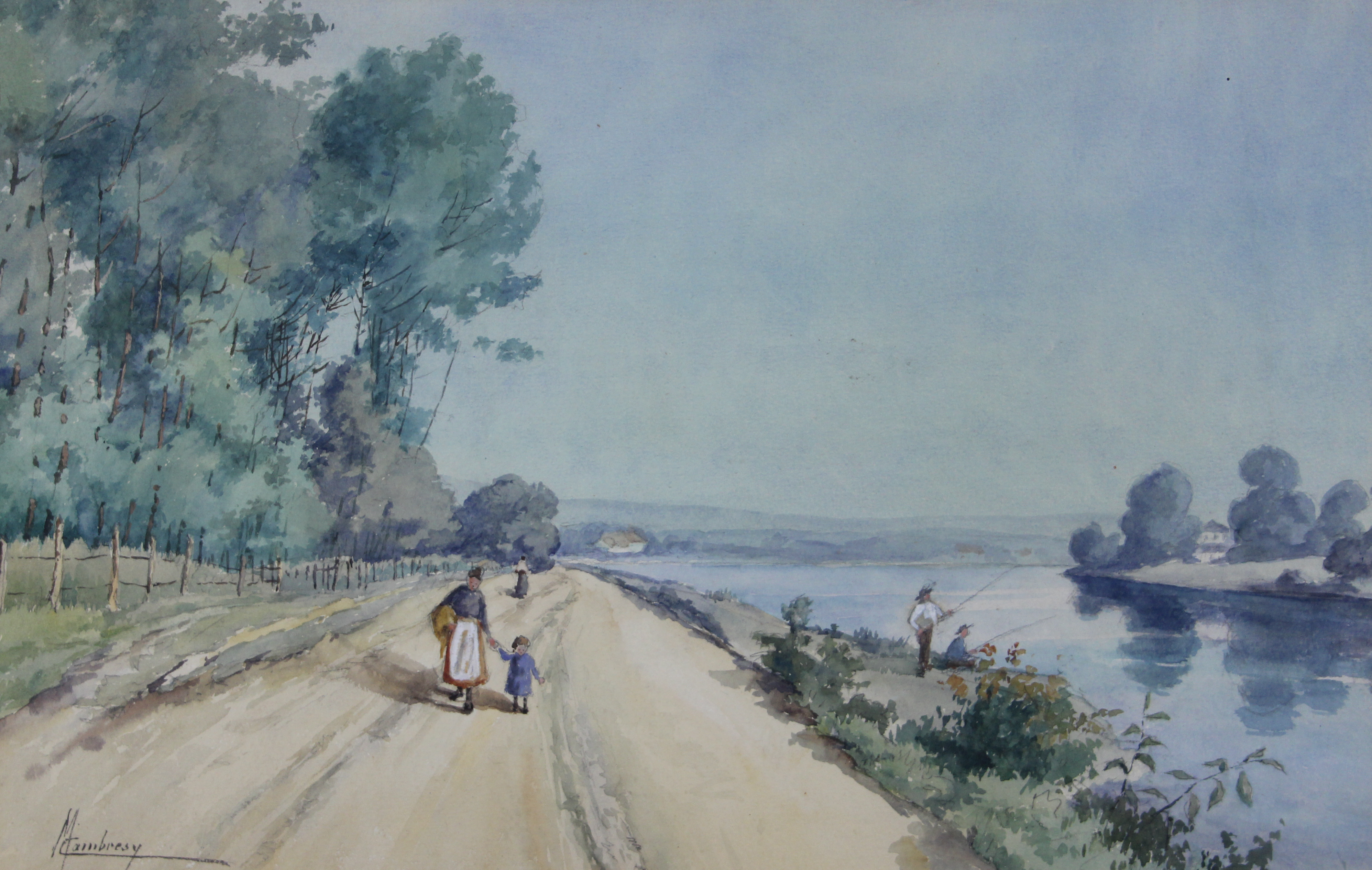 tableau les pêcheurs et la meuse Cambresy Marguerite  chasse pêche,paysage,personnage  aquarelle papier 1ère moitié 20e siècle