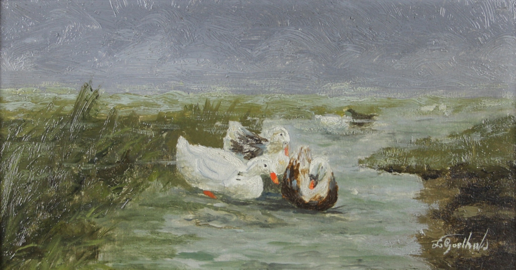 tableau Les canards Goethals Laurent animaux,paysage  huile panneau 1re moiti 20e sicle