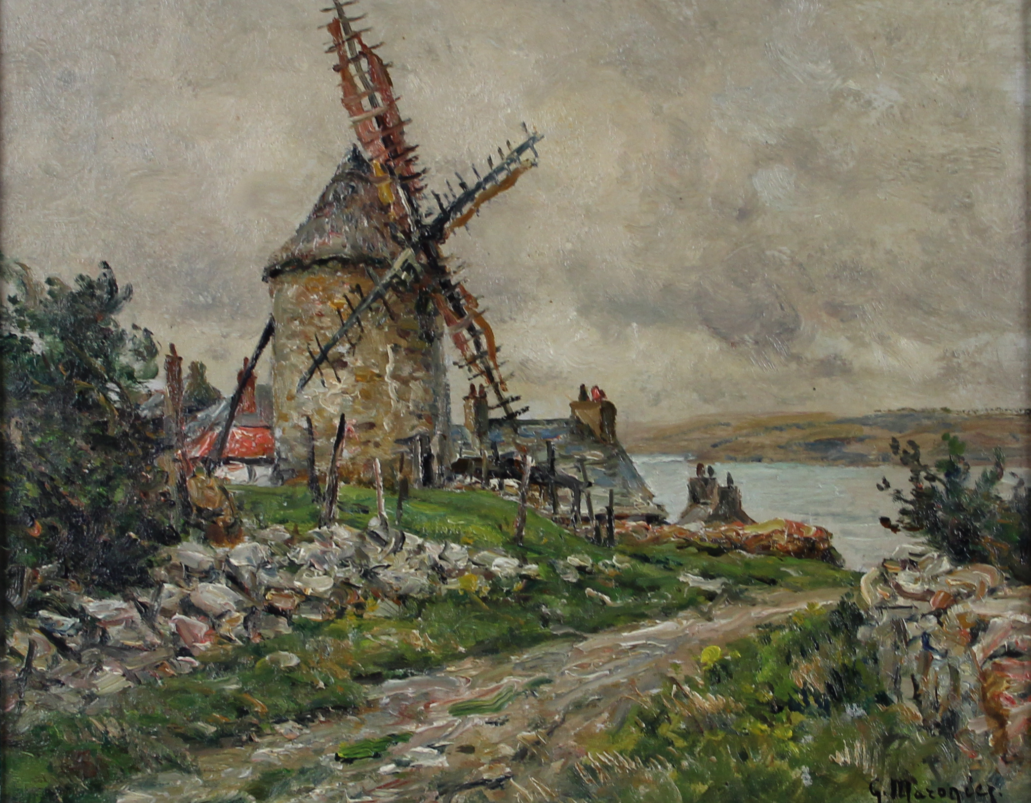 tableau Le chemin du moulin  Maroniez Georges marine,paysage  huile carton 1ère moitié 20e siècle
