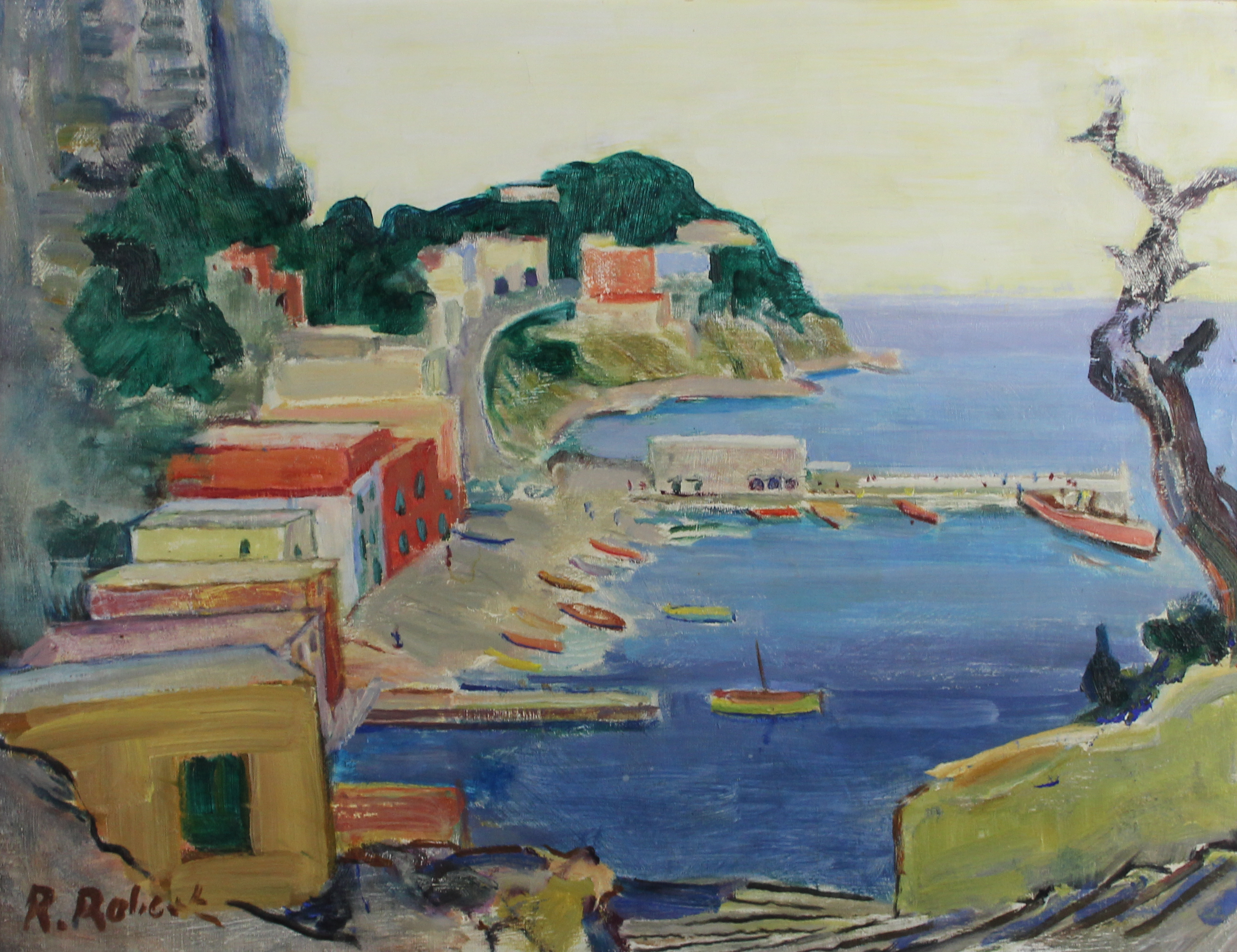 tableau Vue de méditerranée (Cassis?) Robert R marine,ville  huile toile 2ième moitié 20e siècle