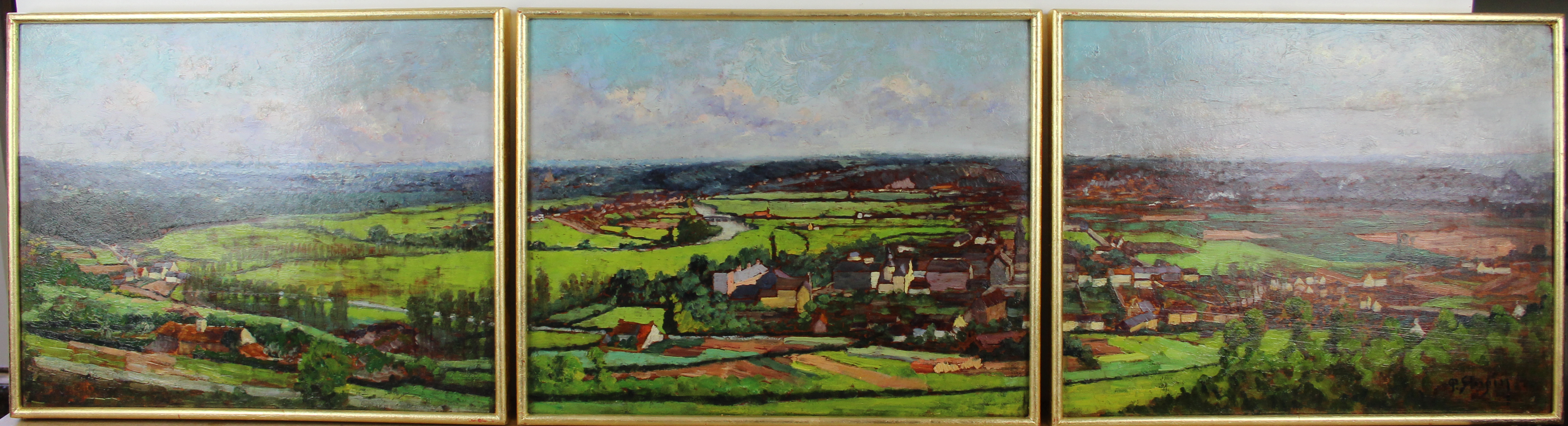 tableau Triptyque Vue sur le village Sterpin Paul paysage,village  huile panneau 1ère moitié 20e siècle