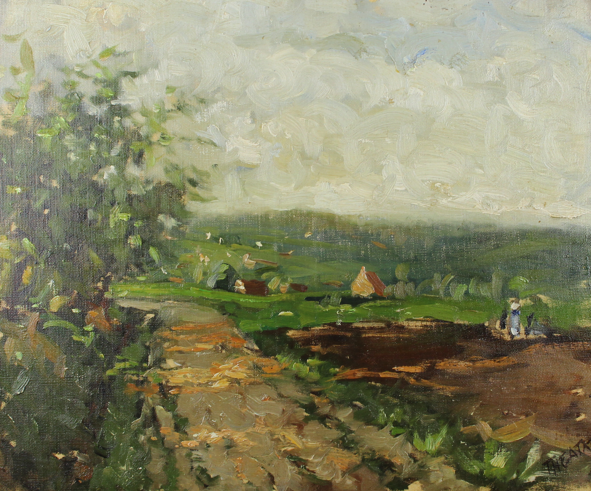tableau Le hameau  Théatre Henri paysage  huile toile 2ième moitié 20e siècle