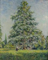 tableau Le cèdre  Willaert  Ferdinand paysage,personnage  huile toile 1ère moitié 20e siècle