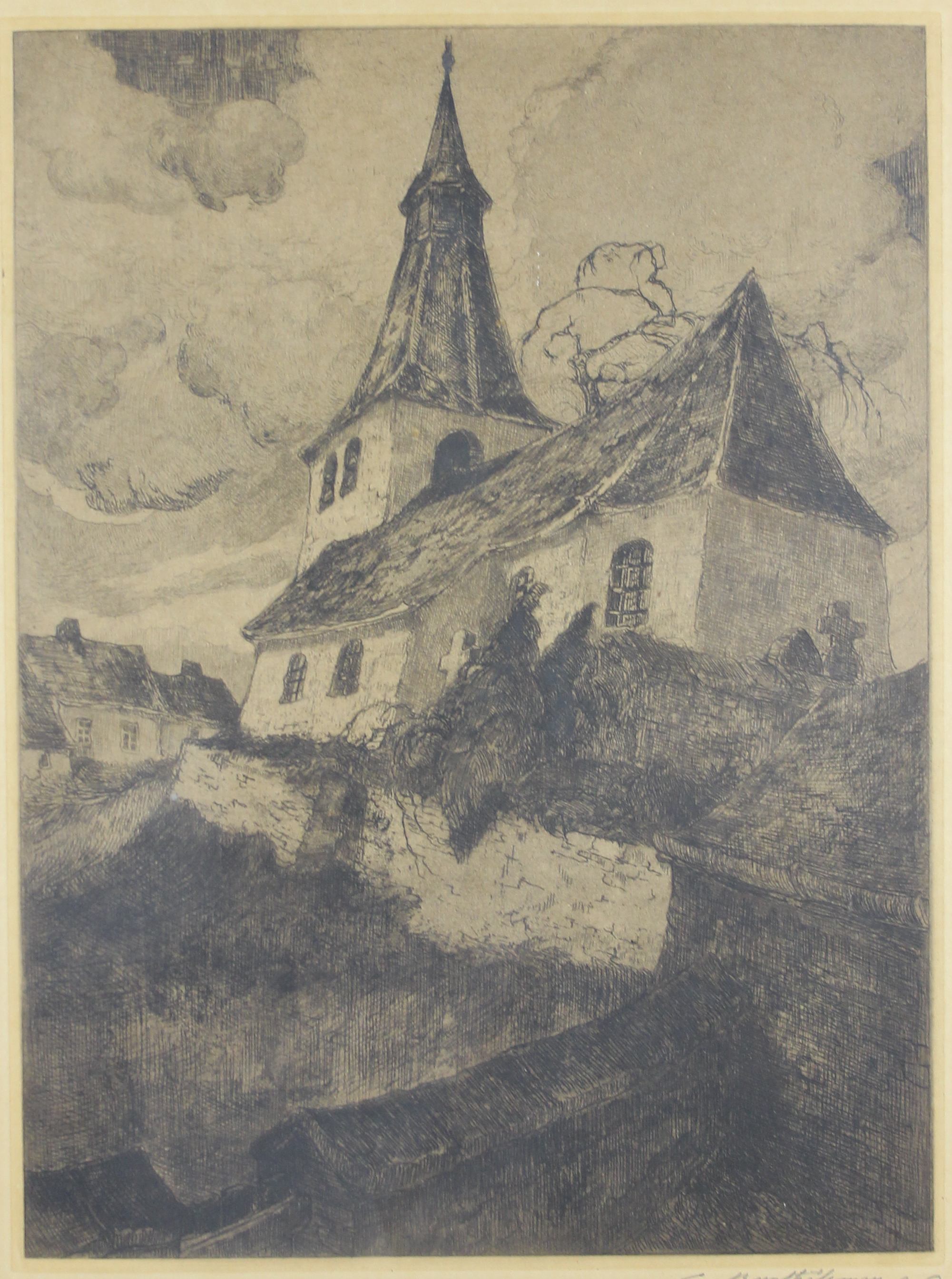 tableau L'église d'Attert Barthélemy Camille église  estampe papier 1ère moitié 20e siècle