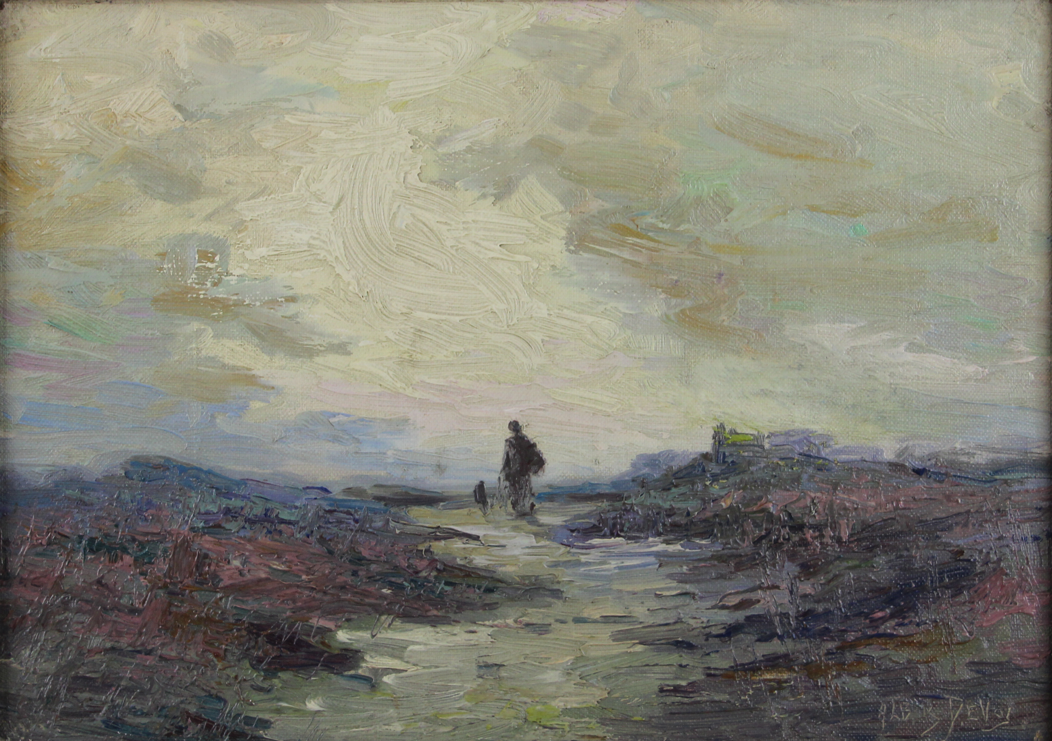 tableau Promenade dans les polders Devos Albert Isidore paysage,personnage  huile toile 1ère moitié 20e siècle