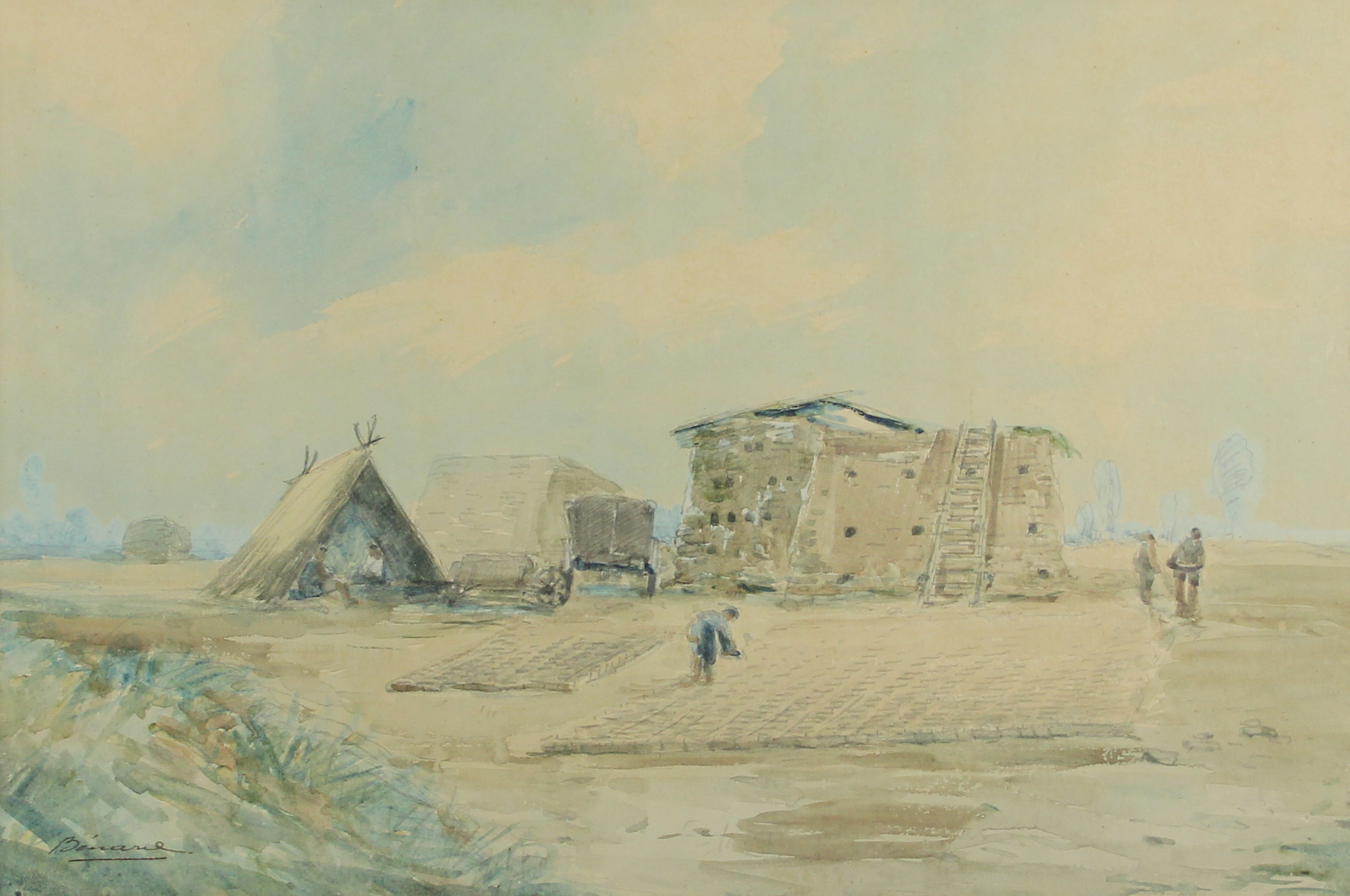tableau La briquetterie   paysage,personnage,scène de genre  aquarelle papier 1ère moitié 20e siècle