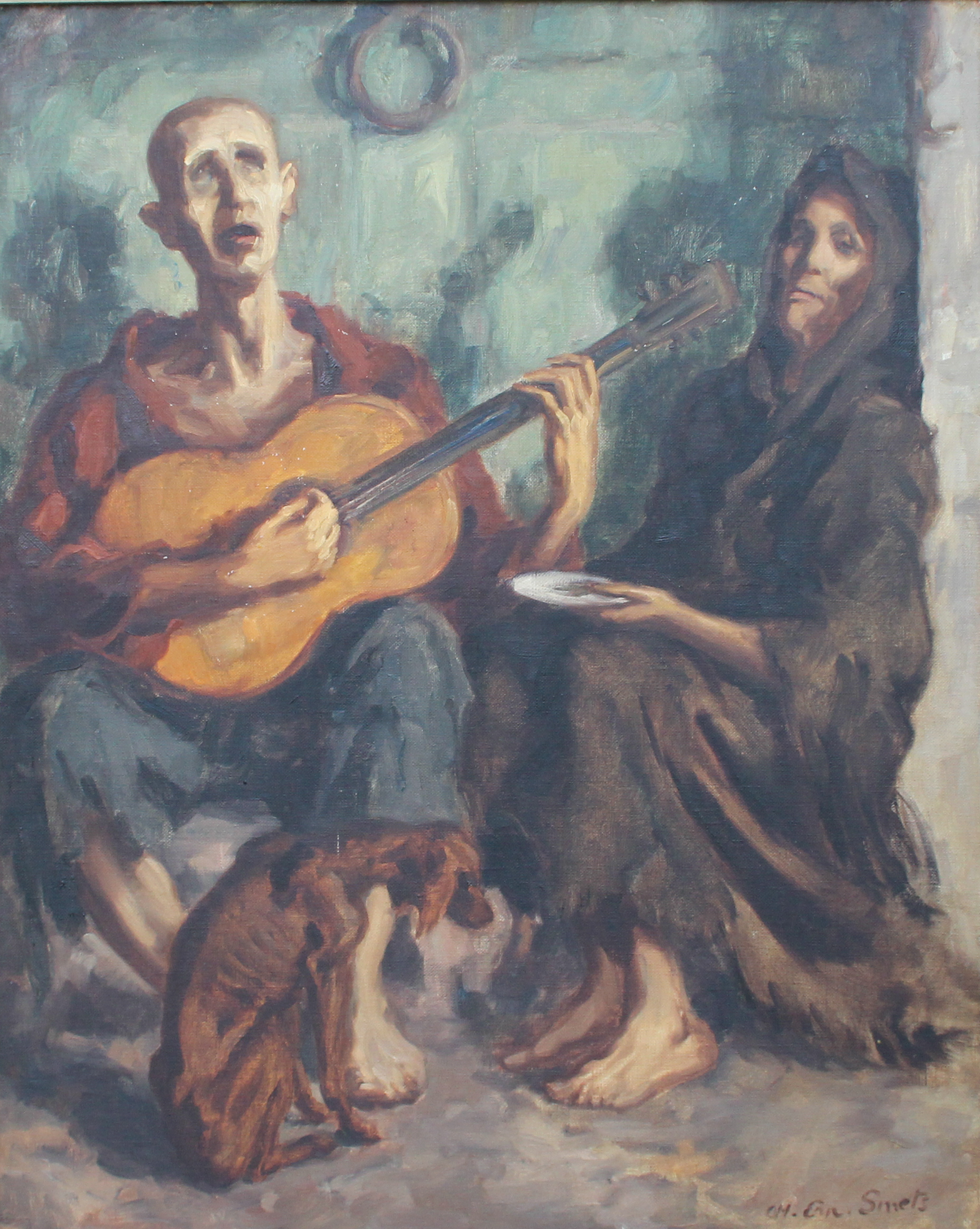 tableau L'aveugle Smets Charles Ernest musique,personnage  huile toile 1ère moitié 20e siècle