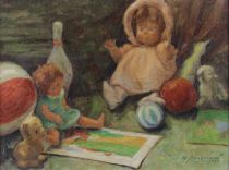 tableau Jouets d'enfants   nature morte  huile toile 2ième moitié 20e siècle