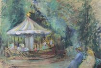 tableau Le carrousel   personnage,scène de genre  huile papier 1ère moitié 20e siècle
