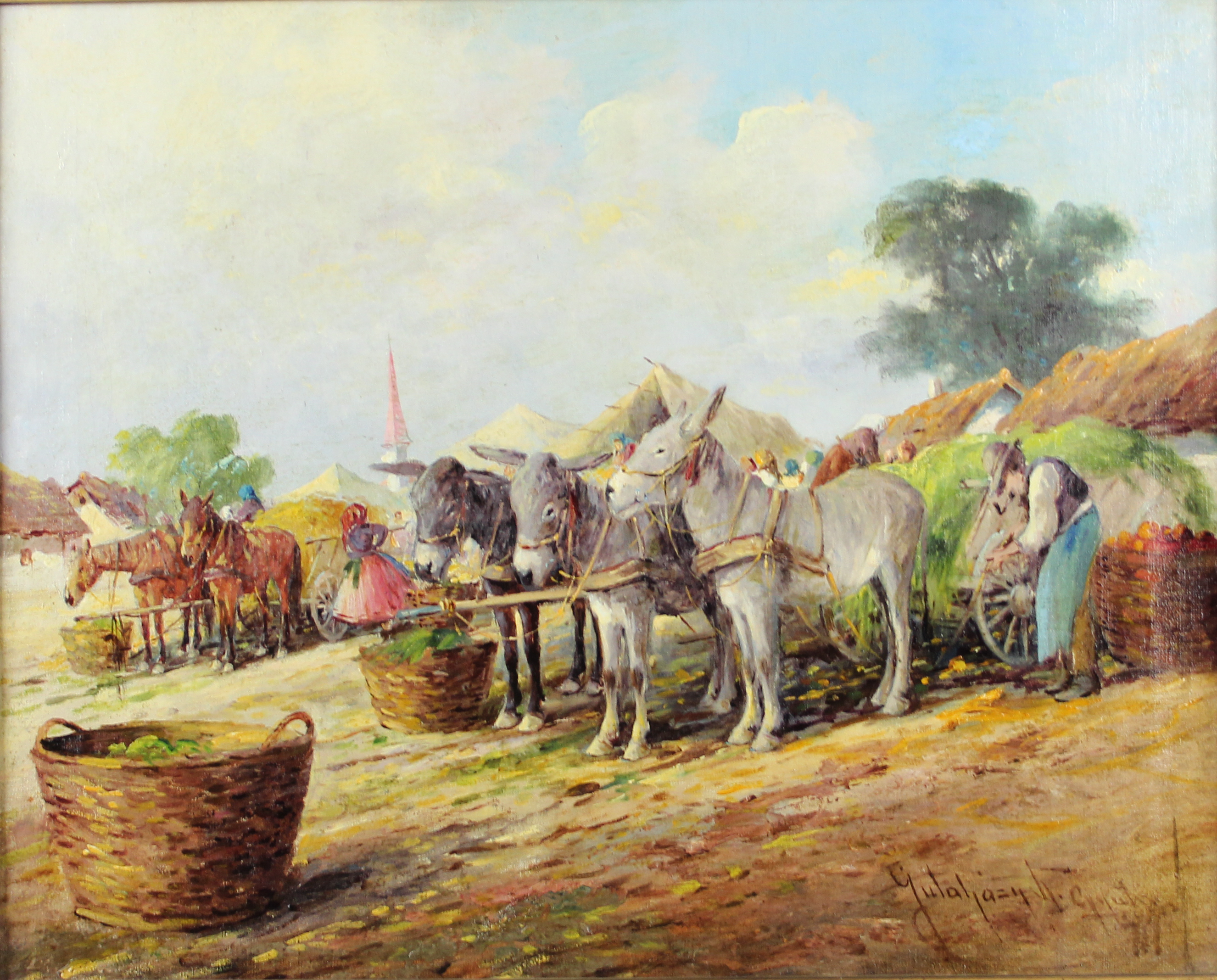 tableau Jour de marché Nemeth Gyula Gyertyany animaux,scène rurale  huile toile 1ère moitié 20e siècle