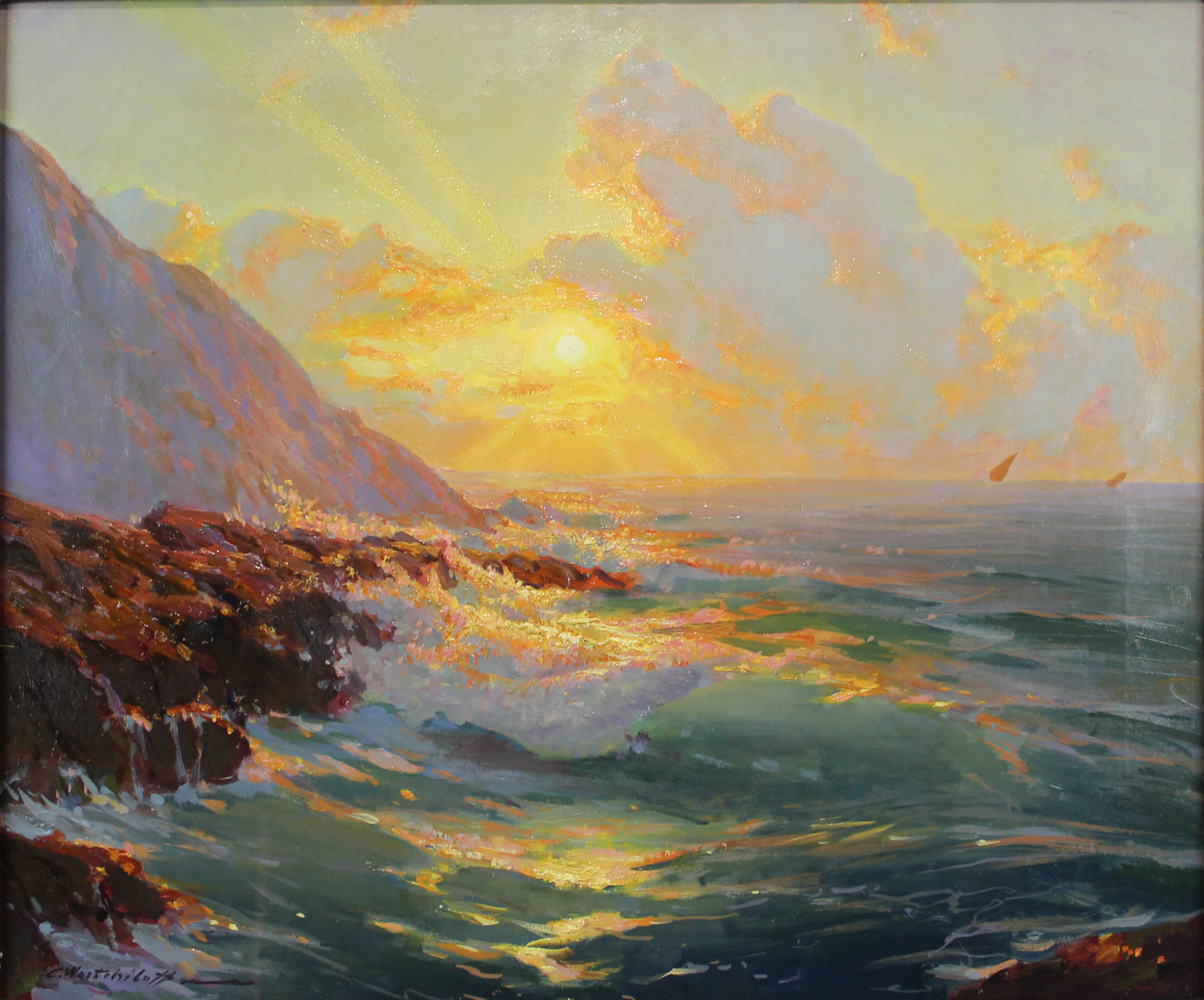 tableau Couché de soleil en Corse Westchiloff  Constantin marine,paysage  huile toile 1ère moitié 20e siècle
