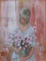 tableau Jeune fille aux fleures Bouman Hans fleurs,personnage  huile toile 2ième moitié 20e siècle