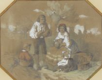 tableau Le dîner  Linder P scène de genre  mixte papier 19e siècle