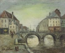 tableau Le petit pont Van Moer Jean-Baptiste personnage,ville  huile panneau 19e siècle