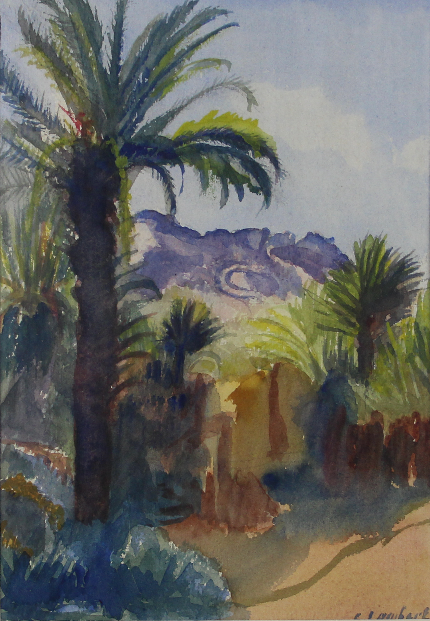 tableau La palmeraie Lambert Camille Nicolats paysage  aquarelle papier 1ère moitié 20e siècle