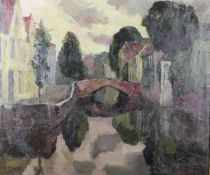tableau Pont à Bruges  Leclercq Victor paysage,village  huile toile 1ère moitié 20e siècle