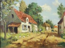 tableau Le village Menten E animaux,personnage,scène rurale  huile toile 1ère moitié 20e siècle