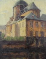 tableau Derrière l'église   ville,église  huile toile 1ère moitié 20e siècle