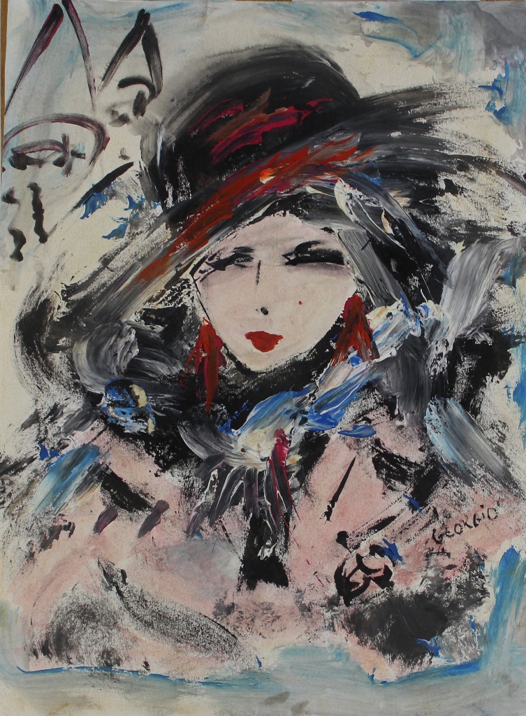 tableau Femme au Chapeau BENAYOUN  Georgio  personnage,portrait  acrylique papier 2ime moiti 20e sicle