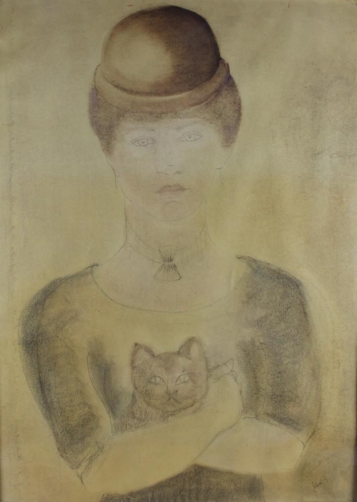tableau La femme au chat   animaux,personnage  crayon papier 2ime moiti 20e sicle