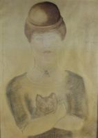 tableau La femme au chat   animaux,personnage  crayon papier 2ième moitié 20e siècle