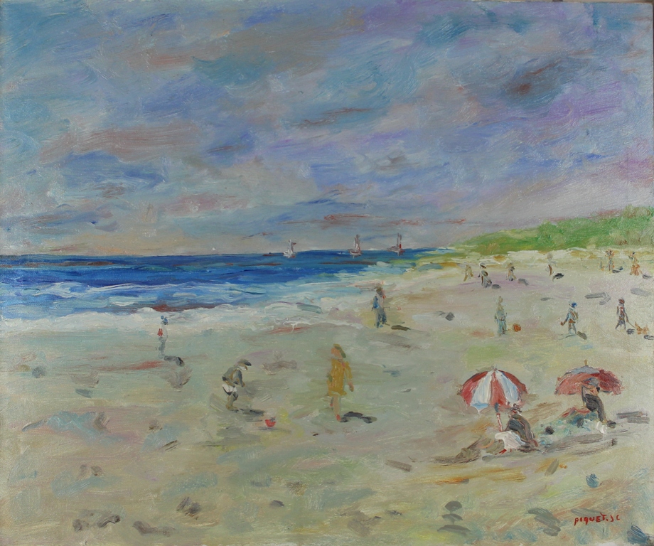 tableau Vacance  la plage Piquet Jean-Claude marine,personnage  huile toile 2ime moiti 20e sicle