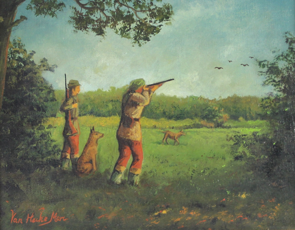 tableau Jour de chasse van Hecke Marc animaux,chasse pche,personnage  huile toile 2ime moiti 20e sicle
