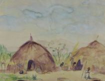 tableau Le village africain Daxhelet  Paul personnage,village,africaniste  aquarelle papier 2ième moitié 20e siècle