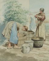 tableau Jour de lessive Geefs Adrien Charles personnage,scne rurale  aquarelle papier 19e sicle