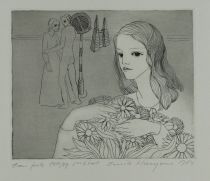 tableau La femme aux fleurs   personnage  estampe papier 2ième moitié 20e siècle