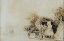 tableau La rencontre sur le chemin Mennessier Auguste Dominique personnage,scne rurale  lavis papier 19e sicle