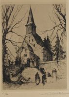 tableau L'église Gerouville Barthélemy Camille personnage,église  gravure papier 1ère moitié 20e siècle
