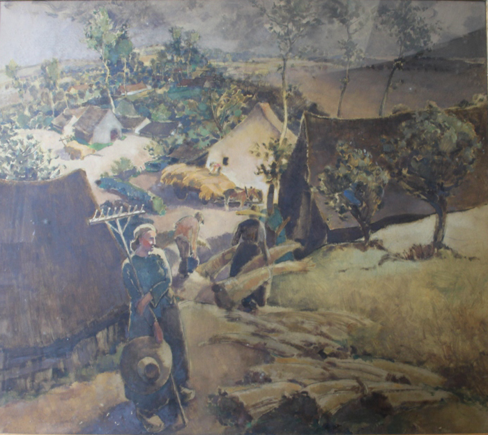 tableau Tavail à la ferme   paysage,personnage  huile panneau 1ère moitié 20e siècle