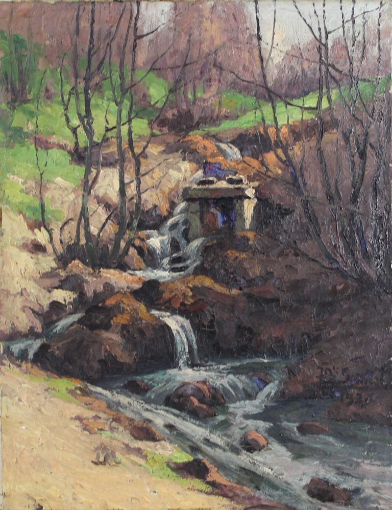 tableau La cascade  Scoriel Jean-Baptiste paysage,sous-bois  huile toile 1re moiti 20e sicle