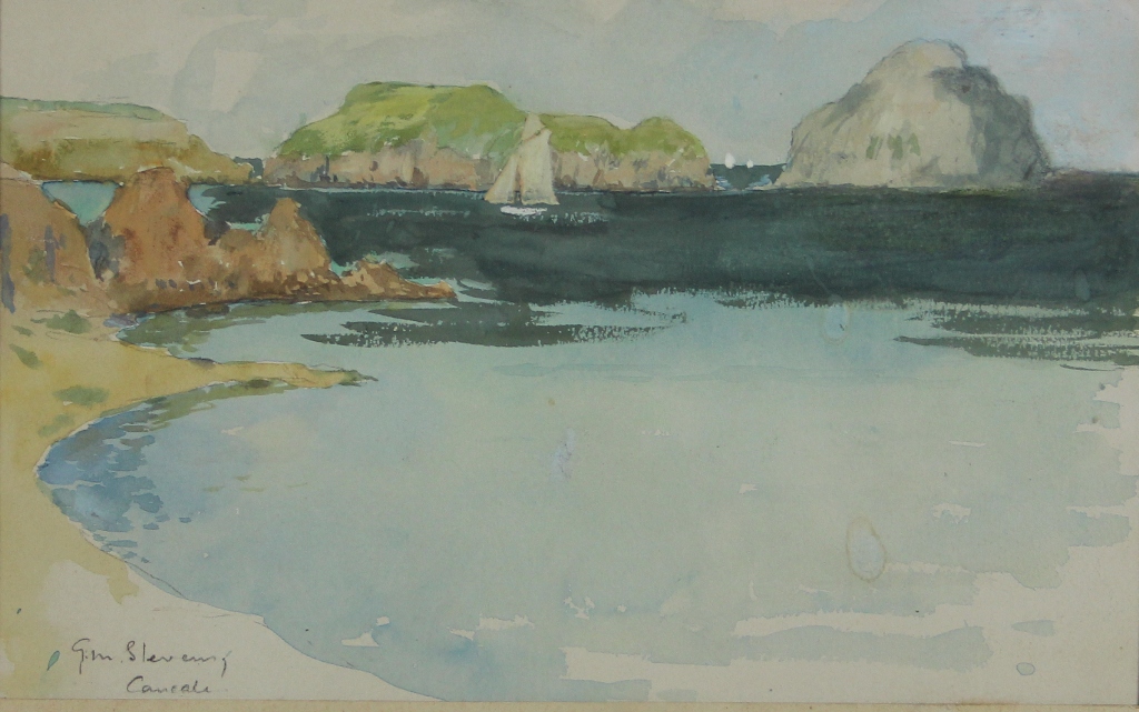 tableau Vue de Cancale STEVENS Gustav Max  marine,paysage marin  aquarelle papier 1re moiti 20e sicle