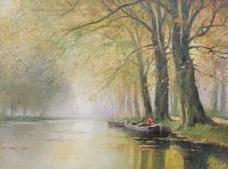 tableau Le canal   paysage,personnage  huile toile 1ère moitié 20e siècle