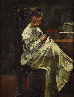 tableau La couseuse    personnage,scène de genre  huile panneau 19e siècle