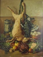 tableau Nature morte au Lapin   animaux,chasse pêche,nature morte  huile carton 19e siècle