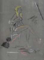 tableau Pin-up au Chien   animaux,nu,personnage  pastel papier 2ième moitié 20e siècle