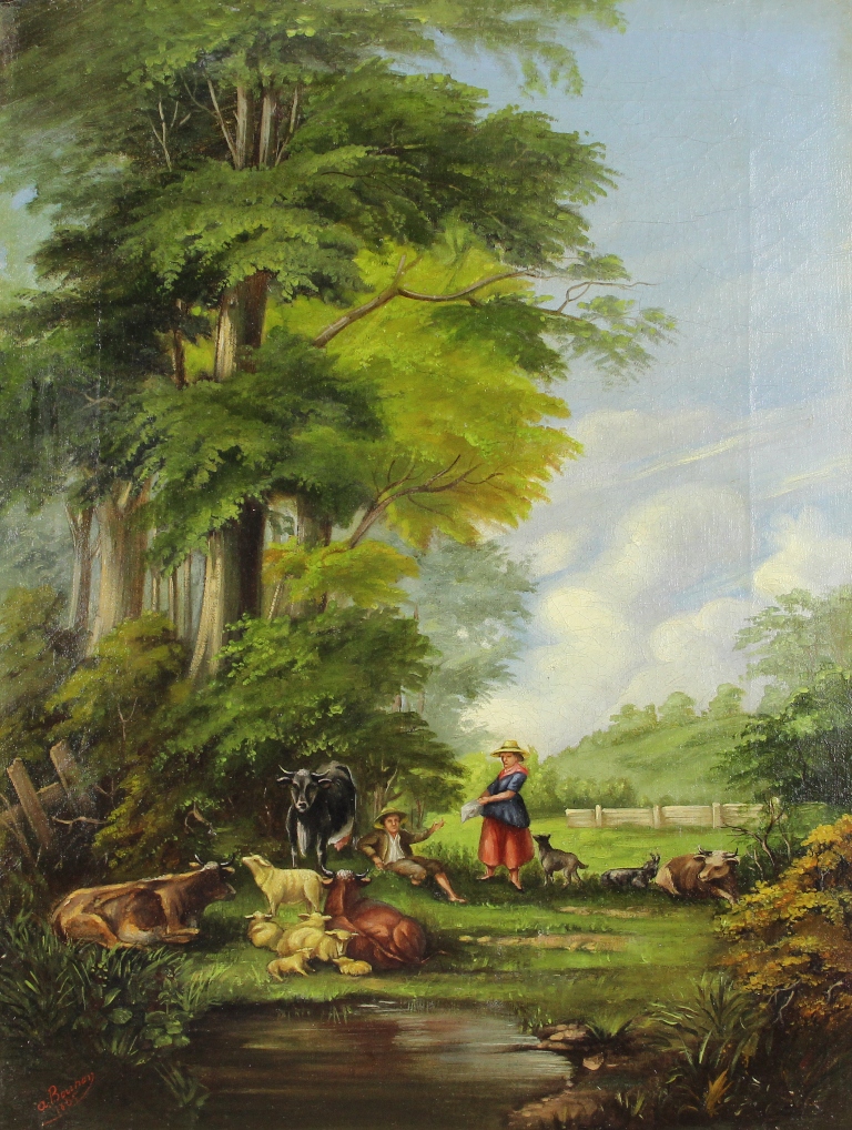 tableau Le dner du gardien Bouhon Alphonse Antoine animaux,scne rurale  huile toile 19e sicle